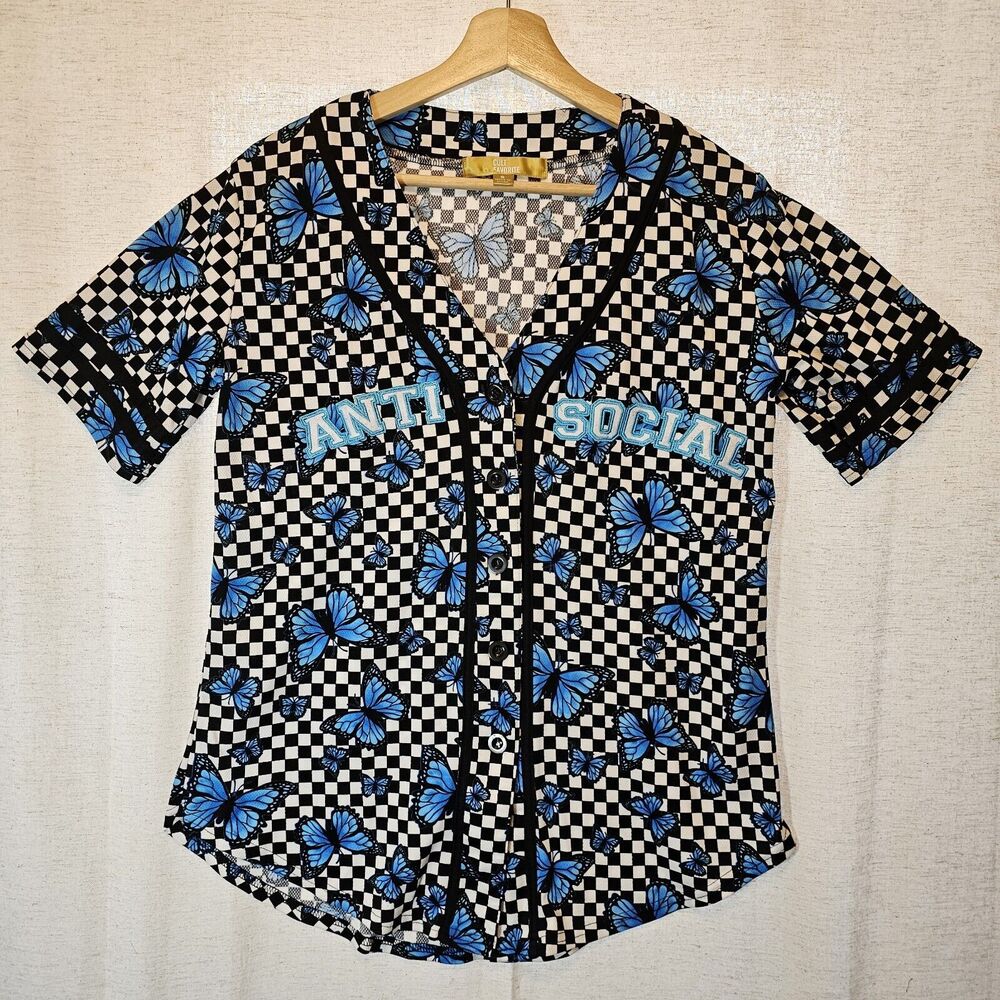 Cult Favorite Black White Check Blue Butterfly Anti-social Baseball Jersey Small